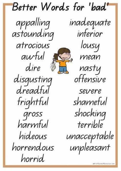 this better words chart is a way that we can build off of a word and make it stronger. it would be another vocabulary builder for students. instead of saying this is "bad" students can use another word for bad to make their vocabulary stronger. teachers can do this with many words to broaden their student's vocab English, Descriptive Words, Vocabulary Words, Word Choice, English Vocabulary Words, English Writing Skills, Adjectives, Writing Skills, Words For Bad