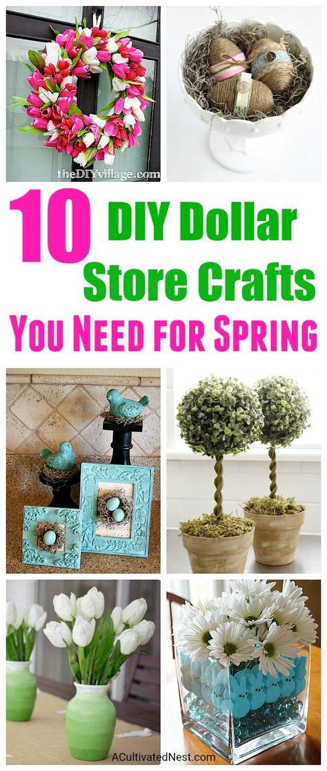 10 Adorable DIY Dollar Store Spring Crafts- Decorating your home for spring doesn't have to cost a lot. You can make your own inexpensive spring decor using items from the dollar store! For inspiration, check out these 10 adorable DIY dollar store spring crafts! | DIY wreath, display, centerpiece, bunny, eggs, birds, #diy #dollarstorecrafts #spring #Easter Dollar Store Centerpiece, Diy Osterschmuck, Diy Frühling, Diy Spring Crafts, Diy Spring Wreath, Diy Projects To Sell, Easter Decorations Dollar Store, Spring Centerpiece, Spring Decor Diy
