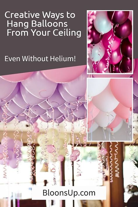 Balloons On Ceiling No Helium, Balloons On Ceiling, Balloon Ceiling Decorations, Balloon Decorations Without Helium, Helium Balloons Decoration, Helium Filled Balloons, Floating Balloons, Hanging Balloons, Balloon Ceiling