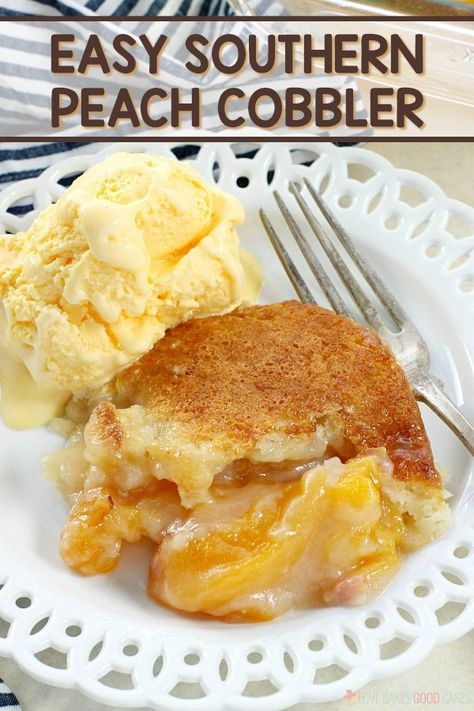 This Easy Southern Peach Cobbler recipe is a must-make dish for your next cookout! Made with @challengebutter #ad #challengebutter #challengecows #challengecreamcheese #madewithchallenge #peach #southernrecipe #cookout #bbq #potluck Pie, Cake, Strudel, Desserts, Dessert, Brownies, Biscuits, Southern Peach Cobbler, Easy Southern Peach Cobbler Recipe
