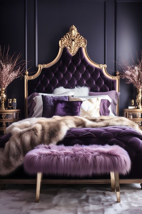 Glam Boho Bedroom. The luxurious blend of deep purples, metallic golds, and crisp whites creates a stylish retreat that's perfect for relaxation. Glam Bedroom Decor, Purple Bedroom Decor For Women, Glam Bedroom Ideas, Bohemian Glam Bedroom, Purple Bedding, Purple Bedrooms, Gold Bedroom Decor, Black And Purple Bedroom Ideas, Glam Bedroom