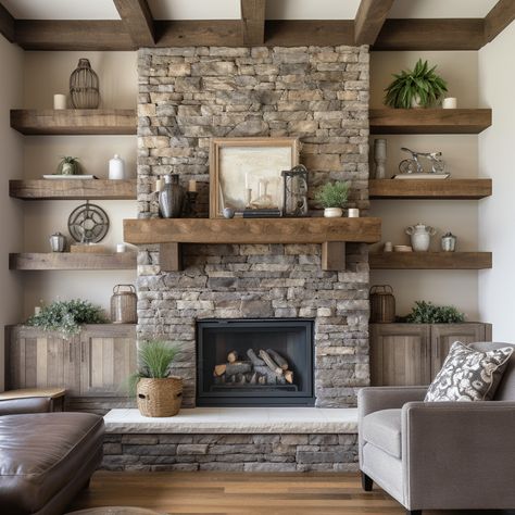 Home Décor, Stone Fireplace Mantle, Fireplace Built Ins, Fireplace With Stone, Rustic Fireplace Mantels Decorations, Fireplace Feature Wall, Brick Fireplace Makeover, Rustic Fireplaces, Wood Fireplace