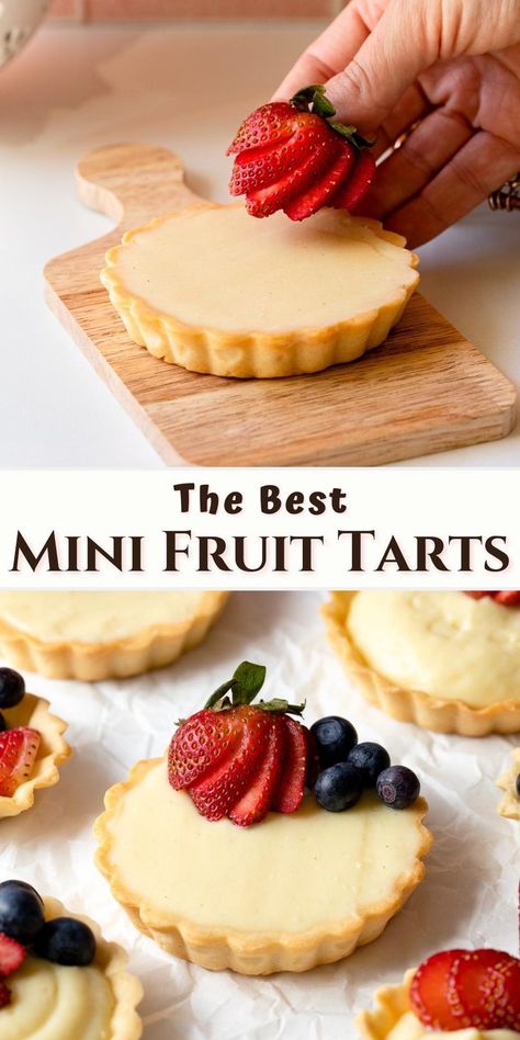 adding fruit to mini fruit tarts and mini fruit tarts on parchment. Pie, Snacks, Blueberries, Mini Desserts, Desserts, Dessert, Fruit Tart, Tea Parties, Sweet Pastries