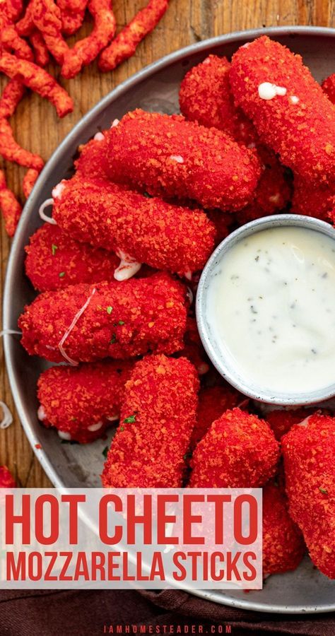 Jan 23, 2023 - Hot Cheeto Mozzarella Sticks are an appetizer with a kick made with string cheese coated in Flamin' Hot Cheetos. Snacks, Dessert, Desserts, Foodies, Cheese Appetisers, Hot Cheeto Mozzarella Sticks Recipe, Cheesy Appetizer, Cheetos Cheese, Cheese Appetizers