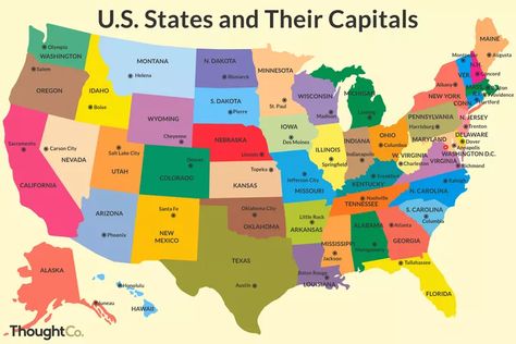 The Capitals of the 50 US States English, States And Capitals, 50 States, State Map, United States, Countries, United States Of America, Us State Map, Kansas Missouri