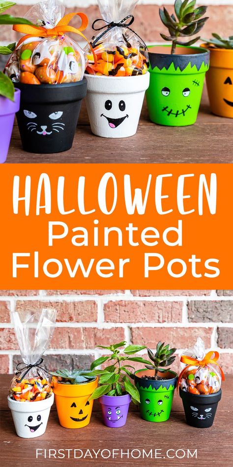 Learn how to paint Halloween flower pots with 5 different characters. This is an easy beginner tutorial with only a few supplies. #firstdayofhome #halloween #paintedpots Halloween Crafts, Crafts, Diy, Halloween, Halloween Crafts Decorations, Easy Halloween Crafts, Halloween Diy Crafts Decoration, Halloween Crafts For Kids, Easy Halloween Decorations