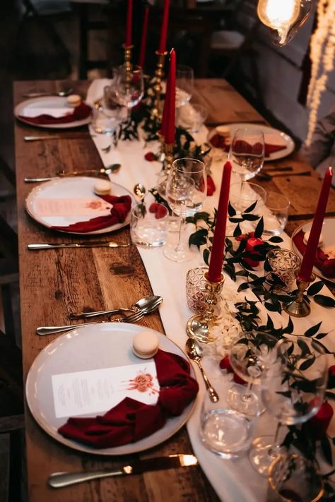 Wooden Table Red Candles Napkins Greenery Decor Bold Wedding Ideas Pasha Jansen Photography #wedding #weddingtable #weddingdecor Engagements, Decoration, Red Table Decorations, Red Table Settings, Christmas Wedding Table, Candle Table Setting, Wedding Table Decorations, Wedding Table Settings, Christmas Dinner Table