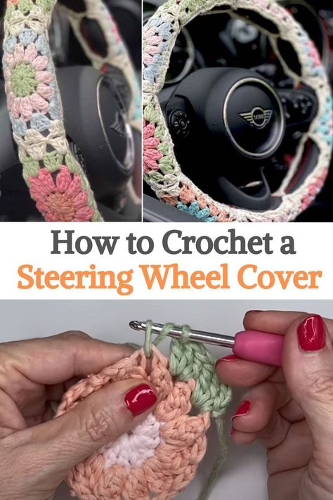 This video tutorial will show you how to crochet a bohemian style car steering wheel cover. The design is of beautiful flowers together with pastel colors, which makes it look feminine and delicate. It seems to us that it is a beautiful touch to personalize our car, definitely a piece that no one else will have, it is unique.Remember that you can do it in the colors you prefer, but as a recommendation we tell you to choose similar... Crochet Car Accessories Rear View Mirror Pattern, Easy Crochet Steering Wheel Cover, Crochet Car Steering Wheel Cover Pattern, Sunflower Crochet Steering Wheel Cover, Car Wheel Crochet Cover, Granny Square Steering Wheel Cover Pattern Free, Crochet Wheel Cover Pattern, Crochet Steering Wheel Cover Tutorial, Crochet Steering Wheel Cover Free Pattern