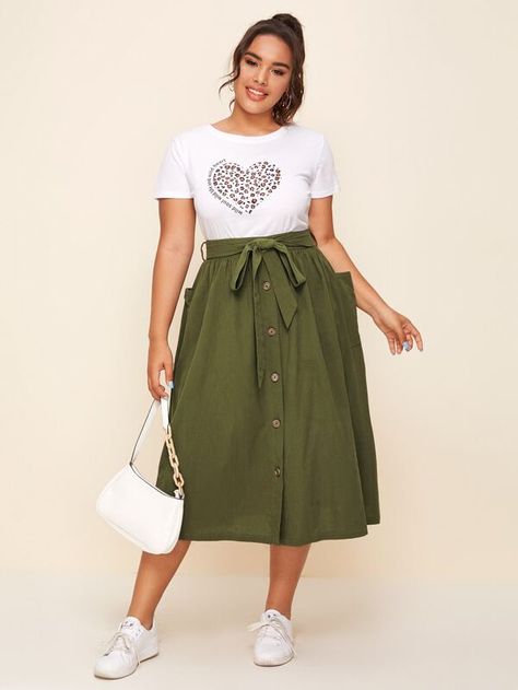 Plus Self Belted Buttoned Front Skirt | SHEIN USA Casual, Outfits, Button Front Skirt, Plus Size Long Skirts, Plus Size Skirts, Casual Skirt Outfits, Cute Skirt Outfits, Plus Size Modest Outfits, Plus Size Fall Fashion