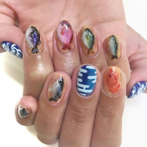 Nail Manicure, Nail Art Designs, Fish Nail Art, Fish Nails, Cat Nail Art, Manicures Designs, Nail Inspo, Manicure Nail Designs, Trendy Nail Art Designs