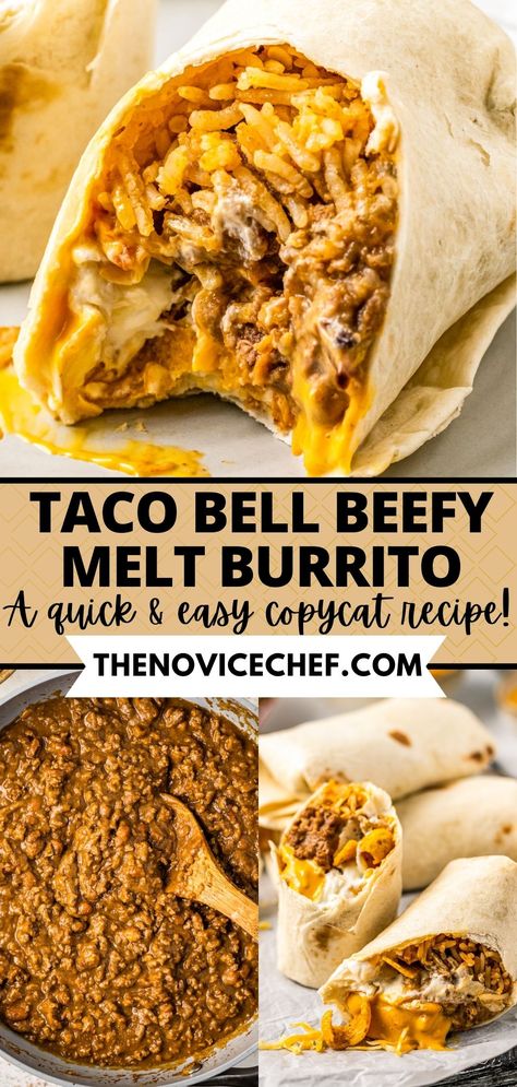 A copycat of the fast-food favorite, this Taco Bell Beefy Melt Burrito is stuffed with seasoned beef, refried beans, Mexican rice, crunchy Fritos, and more. Simple to make, and much more flavorful than the drive-thru version, these cheesy beef burritos will be a new family favorite! Refried Beans Mexican, Beans Mexican, Beef Burritos, Taco Bell Copycat, Salad Pasta, Mexican Rice, Fast Dinners, Drive Thru, Taco Bell
