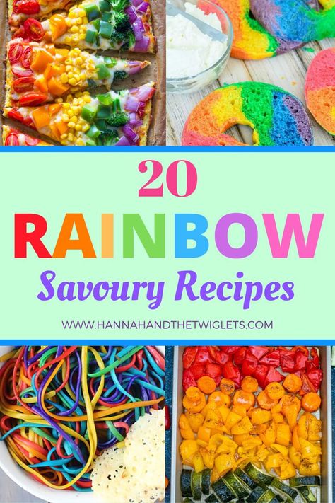 It's super easy to find recipes for rainbow sweet treats. But what about savoury food? Here are 20 gorgeous rainbow savoury recipes! #hannahandthetwiglets #savouryrecipes #rainbowrecipes #rainbowfood #recipeideas #colourfulcooking Sweet Treats, Rainbow Snacks, Rainbow Food, Food Themes, Rainbow Treats, Savory Snacks, Find Recipes, Rainbow Bread, Unicorn Foods