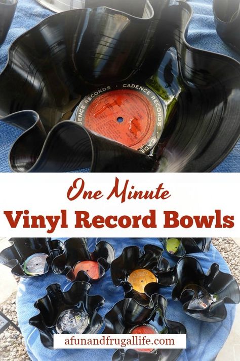 Add a special touch to your next party or special event with these Vinyl Record Bowls! They're the perfect serving piece when lined with a napkin and filled with snacks. And best of all, they are super fast and easy to make! #vinylrecords #records #easydiy Snacks, Parties, Crafts, Upcycling, Record Bowls, Vinyl Record Crafts Diy, Vinyl Records Crafts, Vinyl Record Crafts, Records Diy