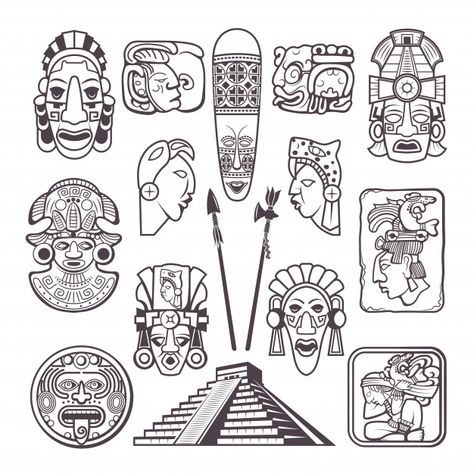 Monochrome set mayan culture symbols. tr... | Premium Vector #Freepik #vector #face #tattoo #avatar #flat Aztec Tattoo, Aztec Tattoo Designs, Inca Tattoo, Mayan Tattoos, Tribal Art Designs, Aztec Mask, Aztec, Aztec Symbols, Aztec Art