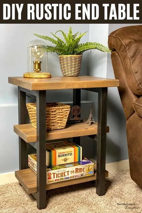 This rustic end table packs a lot of storage into a compact space! It features two shelves and a top made of reclaimed wood, and a black frame that looks like metal. It's super easy to build, and makes a great beginner woodworking project! Diy Furniture, Diy Furniture Table, Diy Furniture Plans Wood Projects, Diy Furniture Plans, Diy End Tables, Diy Furniture Projects, Diy Wood Projects Furniture, Easy Woodworking Projects, Diy Woodworking