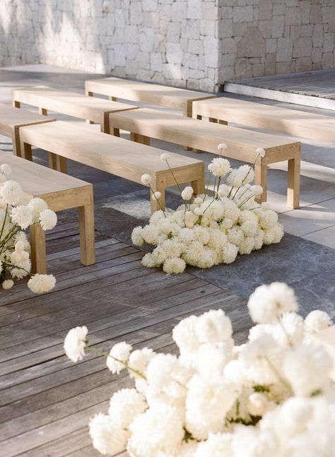All white aisle flower arrangements with bench seating. Modern, monochromatic outdoor wedding ceremony in Mexico. Wedding Ceremony Ideas, Ceremony Decorations Outdoor, Outdoor Wedding Seating, Outdoor Wedding Ceremony, Beach Wedding Arch, Outdoor Ceremony Seating, Aisle Decor, Ceremony Flowers, Wedding Aisle Decorations Outdoor