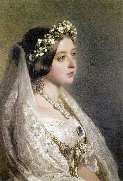 Wedding Day. Queen Victoria in a beautiful ivory and gold wedding dress, with a flower crown and a lace veil. Queen, Queen Victoria, Portraits, Victoria, Royals, Portrait, Queen Victoria Prince Albert, Prince Albert, Queen Victoria Family