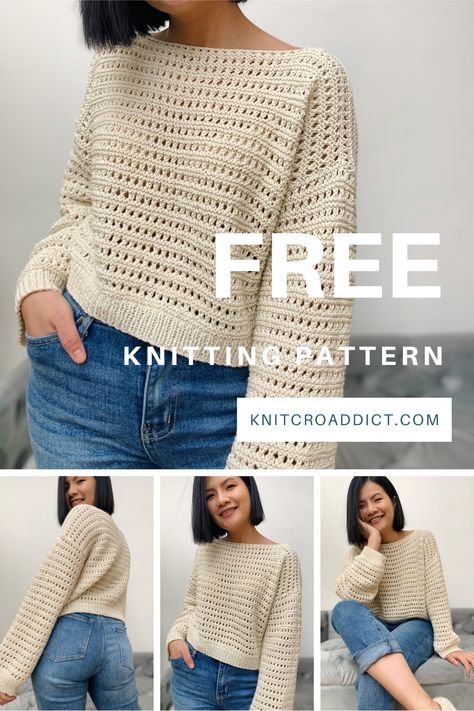 Free knitted sweater pattern includes women's sizes XS-XXL. Plover Over Size Outfit, Pattern Knitting Sweater, Women’s Knitted Sweater Patterns, Knitting Tops For Women Free Pattern, Knitted Sweaters Diy, Free Jumper Knitting Patterns For Women, Cotton Sweater Knitting Pattern, Knit Summer Sweater Pattern Free, How To Knitting A Sweater
