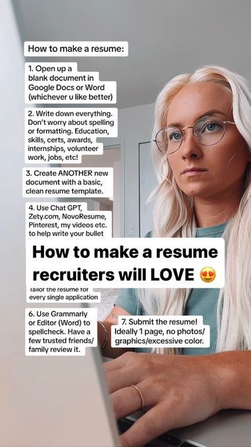 Erin McGoff ✨ on Instagram: "@advicewitherin ✨ how NOT to make a resume: ❌ pay a “resume writer” $500 to make you 1 resume (while there are lots of pros, there are even more scammers - do your research!) ❌ open up a blank document and write 3 pages of every job you’ve ever had ❌ use a colorful, graphic-heavy template you found on some random website How TO make a resume that actually impresses recruiters: ✅ create a simple, keyword-filled, and tailored resume unique to each job you apply fo Diy, Ideas, Inspiration, Job Resume, Resume Writer, Resume Advice, Resume Writing Tips, Professional Resume, Resume Tips