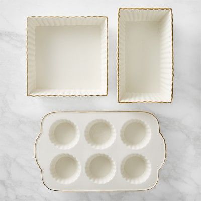 Williams Sonoma Gold-Rimmed Ceramic 3-Piece Bakeware Set #williamssonoma Kitchen Gadgets, Ceramic Bakeware, Kitchenware, Ceramic Plates, Crockery, Kitchen Items, Kitchen Dining, Kitchen Decor, Kitchen Essentials