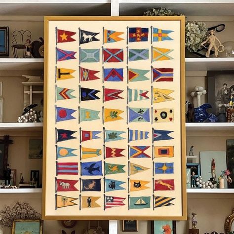 Mary Maguire on Instagram: "🚩⚓️I am in a flag frenzy! My concept for these pieces was to bring bright colors and fun shapes into my collection, while keeping the subjects cohesive and true to my artwork. I am offering these ‘Nautical Flags’ at two sizes, that measure approximately 18 x 24 and a super sized 28 x 40!⚓️🚩 Also available, the ‘Signal Flags- Alphabet’ in maritime signal flags (slide 2) at approximately 16 x 42 inches #alphabet #marymaguire #antique #marymaguireart #flag #flags #nauticalflags #nautical #nauticalart #customart #customartwork #watercolor #art #gallerywall #decor #interiordecorating #interiordesign #interior #watercolors #interiorstyling #gilt #giltframe #folkart #painting #signalflags #semaphore #maritime" Art, Instagram, Nautical, Nautical Flags, Nautical Flags Decor, Flag Decor, Nautical Art, Flag Design, Flag Art