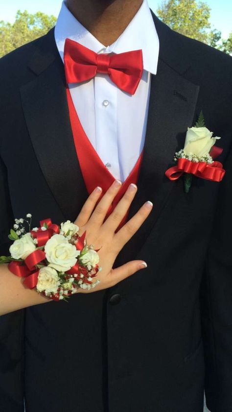 French nails/ black tux/ red vest Prom, Suits, Prom Tux, Red Prom Tuxedo, Red Tux Prom, Prom Tuxedo, Black And Red Tux, Red And Black Prom Couples, Prom Tuxedo Ideas