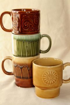 60s 70s vintage stacking stackable ceramic coffee cups, set of mismatched mugs made in Japan Mugs, Design, Decoration, Vintage, Art Nouveau, Retro Vintage, Retro, Vintage Kitchenware, Vintage Coffee Cups