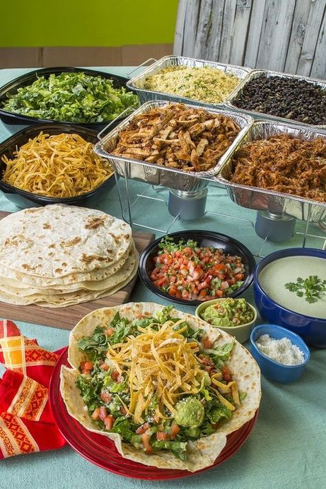10 Crowd Pleasing Food Bar Ideas For A Party | The Unlikely Hostess Nacho Bar, Brunch, Taco Bar, Taco Bar Buffet, Taco Bar Catering, Taco Catering, Taco Bar Party, Mexican Buffet Party, Taco Dinner Party