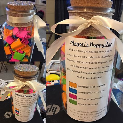 Personalized Note Jar!  I made this jar for my best friends 27th birthday. It is color coded according to each category. I based it on the "365"  jars I have seen on here. Any "bad" day that she's having, she can choose one of the categories and pick that color for a thoughtful message or memory.   #happy #jar #memories #inspiration #365 #pretty #colorcoded Diy, Diy Gifts For Friends, Gift Jar, Presents For Best Friends, Diy Best Friend Gifts, Message Jar, Diy Gifts For Boyfriend, 365 Note Jar, Jar Gifts