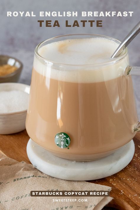 A homemade English Breakfast tea latte in a Starbucks mug next to two bowls of sugar. Cocoa, Inspiration, English, Starbucks, Coffee Recipes, Tea Latte Starbucks, Tea Latte Recipe, Starbucks Tea, Milk Tea Recipes