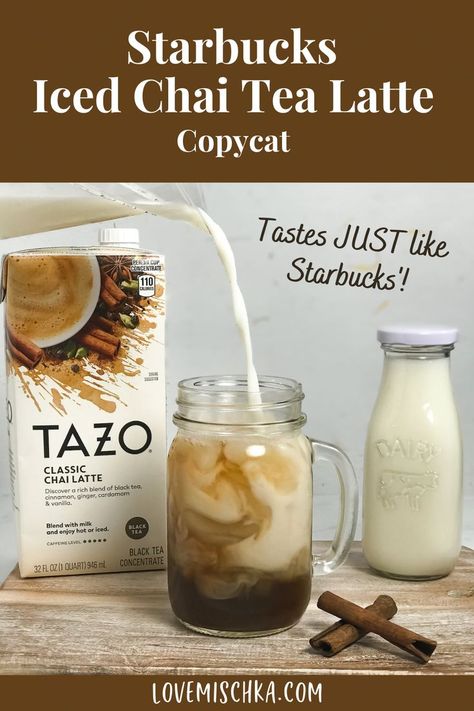 White milk is poured into a mason jar glass filled with iced cubes and dark brown chai concentrate to create white, tan, and brown swirls in the iced chai latte. The latte sits between a tall carton of Tazo Classic Chai Latte concentrate and a milk bottle full of white milk. There is also two layered sticks of brown cinnamon nearby. Smoothies, Toast, Diy, Starbucks Chai Tea Latte Recipe Tazo, Starbucks Chai Tea Latte Recipe, Starbucks Chai Tea Latte Iced, Starbucks Vanilla Chai Tea Latte Recipe, Starbucks Vanilla Chai Latte Recipe, Starbucks Iced Chai Tea Latte Recipe