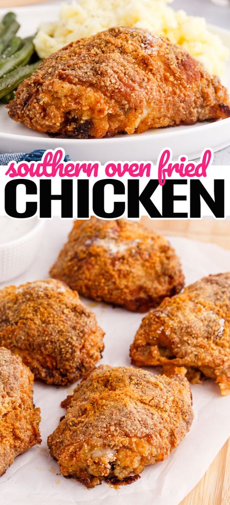 No one will believe you when you tell them that this crispy, crunchy Southern Oven Fried Chicken was never actually fried at all! #Realhousemoms #friedchicken #ovenfried #southern #chickenthihgs #potluck #summertime #easter #familytime Oven Fried Chicken Breasts, Oven Fried Chicken Legs, Oven Fried Chicken Thighs, Oven Fried Chicken Recipes, Oven Fried Chicken, Oven Chicken, Crispy Baked Chicken, Baked Fried Chicken Breast, Oven Chicken Recipes