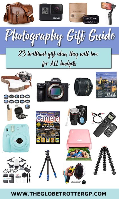 23 brilliant gift ideas for photographers at any budget.   With photography gift ideas from $10 upwards.   This photography gift guide should give you plenty of ideas and inspiration!   #giftguide #photographygiftguide #christmasgiftguide #photographygifts Videos, Ideas, Gift Ideas, Gadgets, Youtube, Gift Guide Travel, Gifts For Photographers, Photographer Gifts, Gift Guide