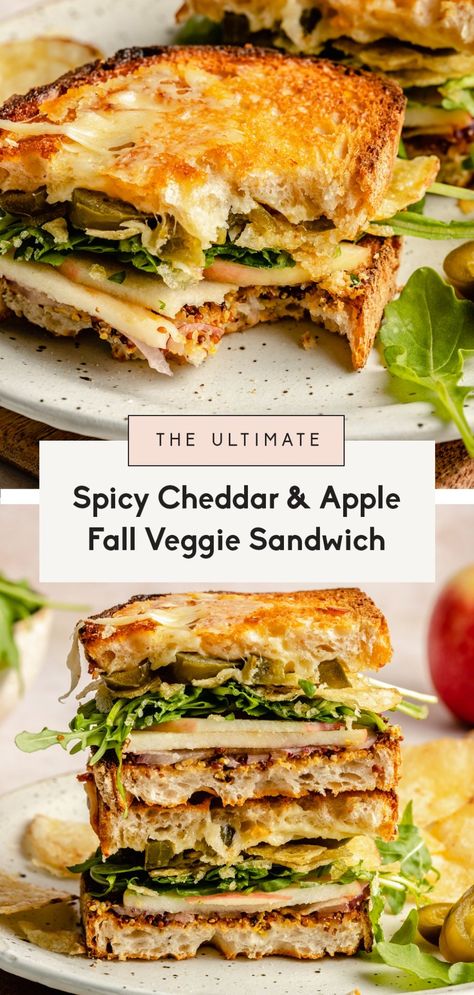 The ULTIMATE spicy cheddar apple sandwich filled with bright veggies and a hint of crunch from kettle potato chips. This wonderful fall veggie sandwich is packed with flavor and a kick of heat from pickled jalapeños. The perfect satisfying lunch to make during the week that's easy to customize with your fav sandwich toppings! #sandwich #healthylunch #vegetarian