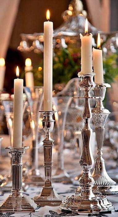 Silver candlesticks add glow to your table. Decoration, Candle Holders, Chandeliers, Candles, Home Décor, Candle Lanterns, Silver Candlesticks, Candlelight, Candlesticks