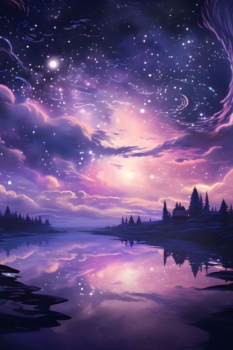 This is a purple aesthetic night sky wallpaper filled with hues of dark purple, light purple, and pink. You can see across a lake with a small cabin and pine trees on either side shrouded in deep purple shadows. Above is a dreamy aesthetic skyline with millions of stars and swirls of huge puffy clouds. The focal point of the image shows a light pink burst of light, unaware if it's a moon or sun, but shines brilliantly anyway. All of this is reflected magically on the lake's surface. Junk Journal, Design, Purple Galaxy Wallpaper, Purple Aesthetic Background, Purple Wallpaper, Purple Backgrounds, Sky Aesthetic, Iphone Wallpaper Hd Nature, Wallpaper Backgrounds