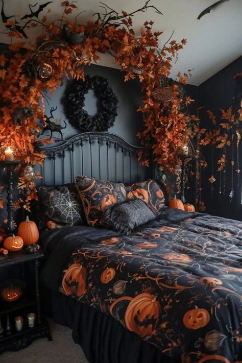 Welcome the spooky season with these hauntingly beautiful Halloween bedroom decor ideas! Transform your bedroom into a wickedly enchanting space with our curated collection of eerie accents and creepy ornaments. From ghostly bedspreads to eerie wall art, get inspired by the dark and mysterious aesthetic of Halloween. Whether you prefer a DIY approach or ready-made decorations, we've got you covered with plenty of ideas to make your bedroom feel like a haunted haven. Ideas, Spooky Halloween, Halloween Ideas, Halloween, Halloween Bedroom Decor, Halloween Themed Bedroom, Halloween Bedroom, Halloween Home Decor, Spooky Bedroom