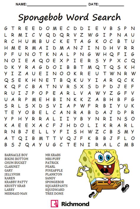 #WordSearch - Spongebob time! English, Word Puzzles, Word Search Puzzles, Kids Word Search, Word Puzzles For Kids, Word Find, Spongebob, Word Search, Free Printable Word Searches