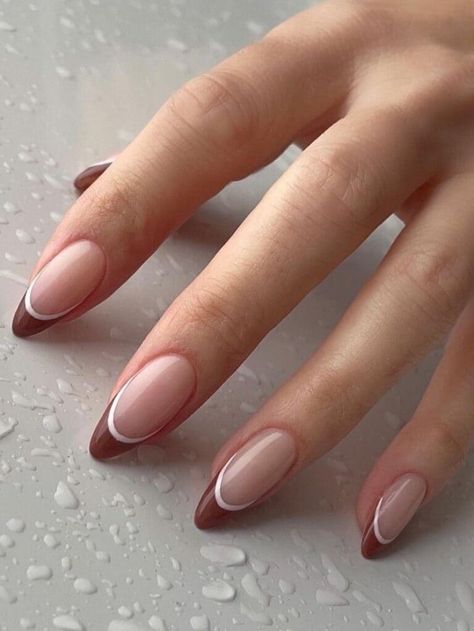 Brown and white double French tip nails Brown Nails Design, Brown Nail Designs, Subtle Nails, Neutral Nails, Brown Nail Art, Round Nails, Casual Nails, Classy Nails, Minimalist Nails