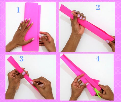 Easy Paper Bow steps- fold the paper and cut paper strips Paper Crafts, Paper Flowers, Crafts, Cheerleading, Paper Bows Diy, How To Make Bows, Paper Strips, Paper Bow, Paper Cutting