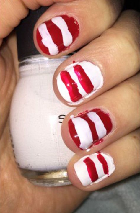 Well, there's red and there's white, so it's almost like a candy cane. Right? See the post at Pinterest Fail. Neon, Design, Pink, Candy Cane Nails, Nail Art Designs, Glitter, Holiday Nails, Holiday Nails Christmas, Nail Candy