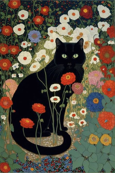 Gustav Klimt Garden Cat Print Klimt Flowers Cat Poster Black - Etsy