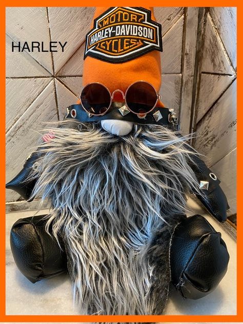 Harley biker gnome | Etsy Halloween, Harley Davidson, Sweden, Biker Gnomes, Sock Crafts, Leather Hats, Leather Sleeve, Biker, Gnome Statues