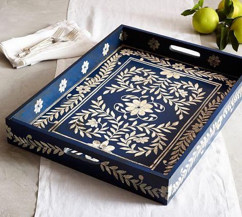 Decor/accessories - Handcrafted and painted by skilled artisans, this stunning tray combines a traditional floral motif with a simplified color scheme of white on indigo. Decoupage, Home Décor Accessories, Wooden Tray, Decorative Accessories, Tray, Tray Decor, Home Decor Accessories, Hand Painted Furniture, Interieur