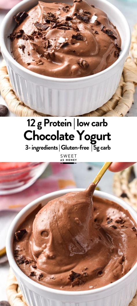 This 3-Ingredient Chocolate Yogurt recipe is the easiest way to enjoy a high-protein dessert that genuinely tastes like chocolate pudding. All you need is 5 minutes to make this easy healthy dessert, and it’s easy to make sugar-free, vegan, and gluten-free. Desserts, Protein, Dessert, Gluten Free, Protein Powder Recipes, Protein Desserts, High Protein Desserts, Protein Treats, Healthy Chocolate