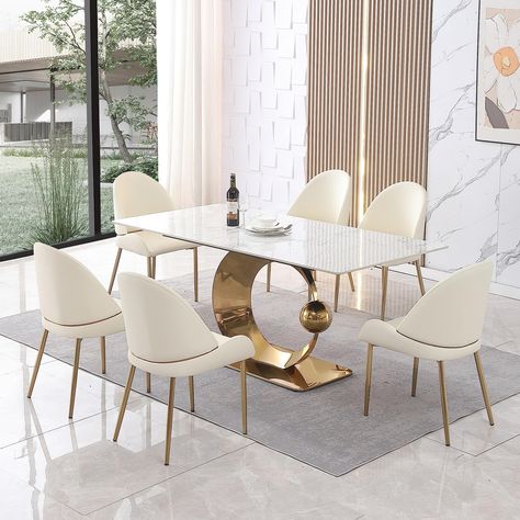PRICES MAY VARY. 【7 Piece Dining Sets】This elegant style dining table set is including a marbling sintered stone rectangle table, 6 upholstered faux leather chairs. This dining table set allows all family members to sit together and enjoy vittles and beverages and the warm and harmonious atmosphere of the family. 【Practicality & Beauty】This dining table focuses on simple luxury, its tabletop marble veining is a light gray, the veining is intertwined, but not complicated, natural and clear. The 1 Dining Table Marble, Dining Table Top, Modern Dining Table Set, Metal Dining Table, Modern Dining Table, Marble Dining, Dining Room Table Set, Rectangle Dining Table, Dining Table Chairs