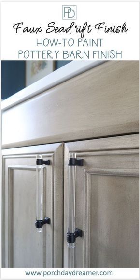 Love the Pottery Barn seadrift finish in the Sausalito collection? How to create the same finish with paint! Paint furniture or cabinets with a beautiful driftwood gray faux finish. Learn about layering glaze and dry brushing paint technique to create a weathered wood grain in a painted finish. #driftwood #weatheredwood #reclaimedwood #potterybarn #fauxpaintfinish #porchdaydreamer Dressing Table, Pottery Barn, Kitchens, Design, Bath, Coastal Powder Room, Redo Furniture, Powder Room, Valspar Antiquing Glaze