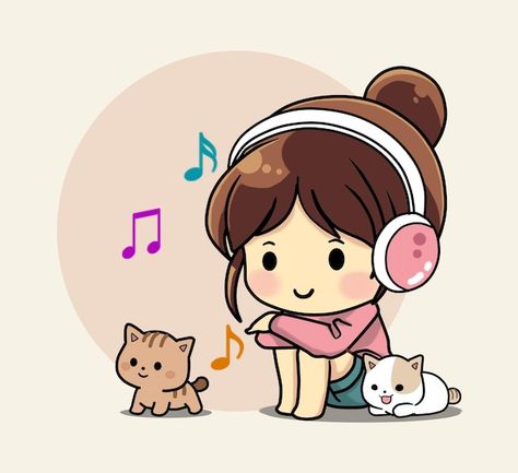 Linda chica escuchando música con lindo ... | Premium Vector #Freepik #vector #auriculares #escuchar-musica #ritmo #kawaii Molde, Kawaii, Girl Cartoon, Gatos, Cute Gif, Cute Drawings, Cute Stickers, Anime Love Couple