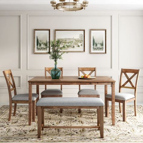 PRICES MAY VARY. 🍀【6 Piece Dining Table Set】- The kitchen table set comes with one table and 4 upholstered chairs and a bench. Ideal for dinette, kitchen, and dining areas, perfect for families to enjoy meal times together. Table: 60"L x 35.4"W x 30"H, Chair: 17.3"L x 19"W x 37.8"H, Bench: 38.6"L x 15.3"W x 18.5"H. 🍀【Handsomely Crafted】- Legs of table and chairs are constructed with solid rubber wood for greater stability and durable use. The table top is made of high-grade MDF with a waterpro Dining Room Sets, Dining Sets, Design, Dining Set With Bench, Rectangular Dining Table, Wooden Dining Table Set, Dining Table Setting, Dining Bench, Dining Table In Kitchen