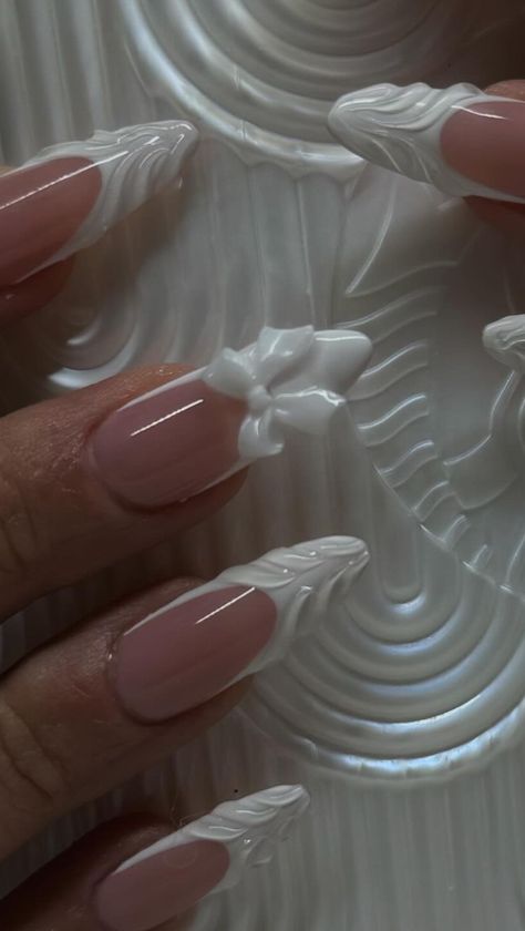 the cutest 3D moment 🦢🤍 @leannetessa • • #nails #nailart #nailinspo #nailtech #3dnails #frenchies #frenchtipnails #longnails… | Instagram Nail Swag, French Tip Nails, Almond Nails Designs, Almond Acrylic Nails Designs, Acrylic Nails Almond Shape, Cute Acrylic Nails, Almond Acrylic Nails, Pink Acrylic Nails, Nail Gems